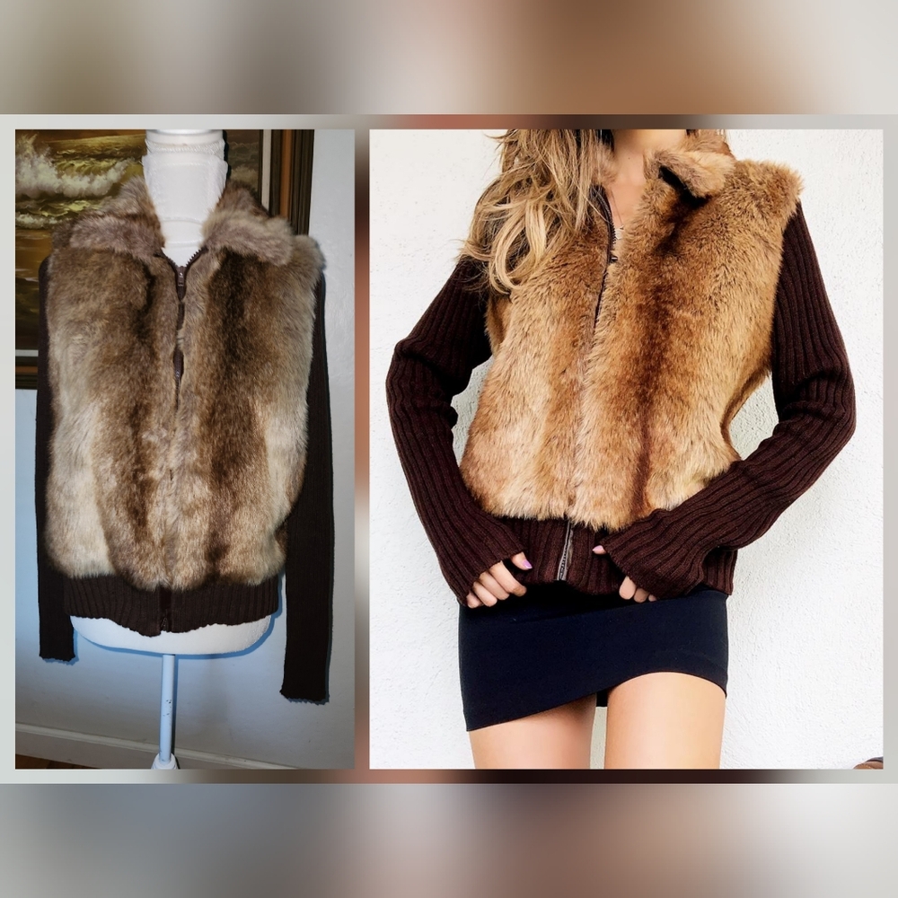 Vintage 1990s Y2k Brown Fur Cardigan Jacket Shaver Lake NOS